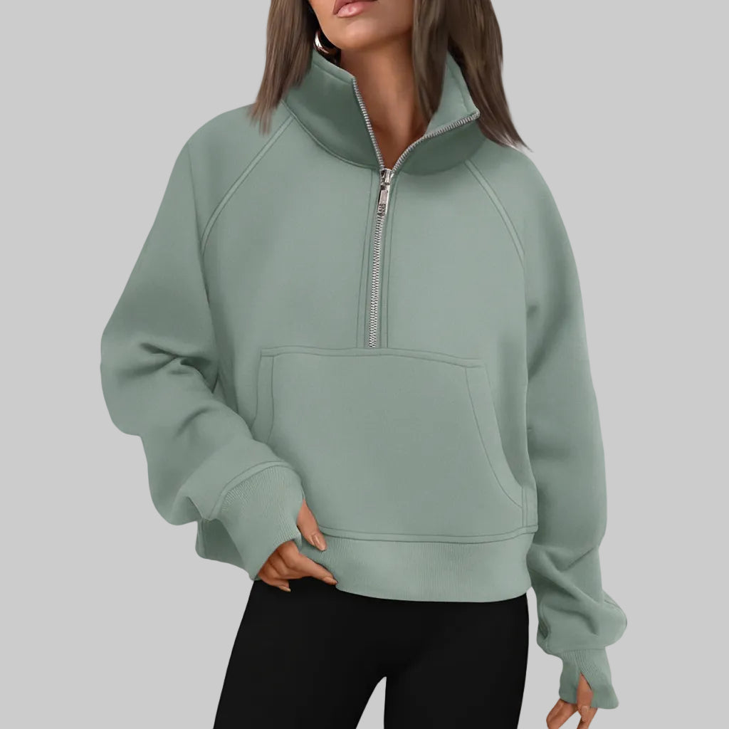 Kvinders cropped fleece-sweatshirt med halv lynlås til daglig varme | Temsk