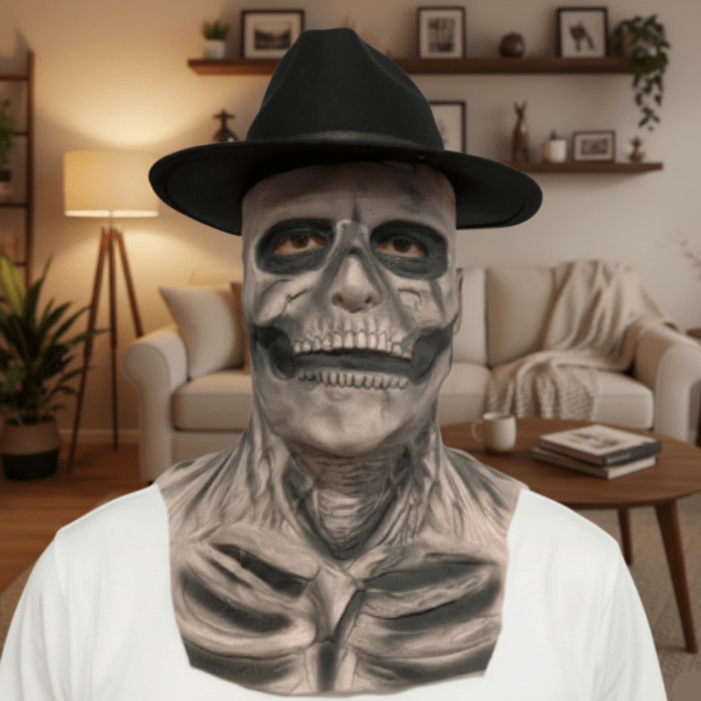 GraveShade realistická kostlivcová maska s kloboukem pro dokonalou halloweenovou proměnu | Temsk