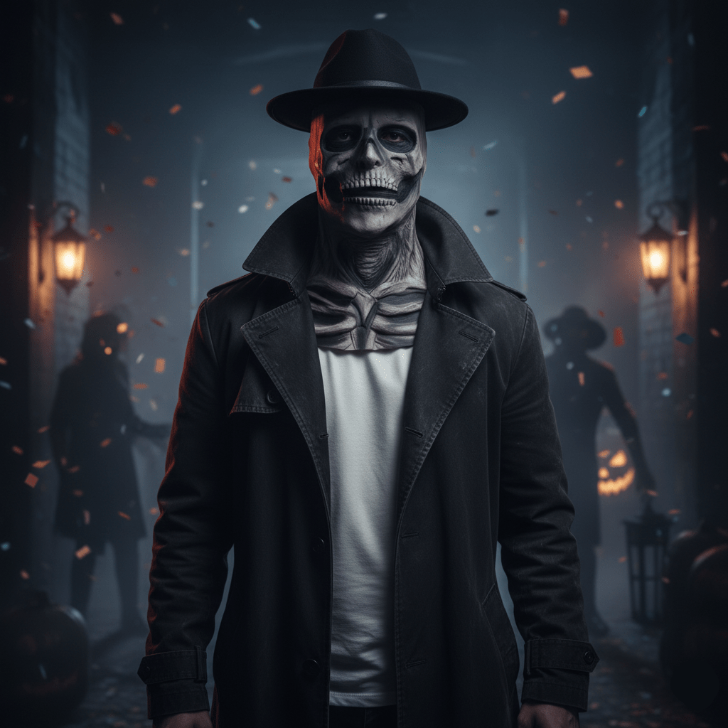 GraveShade realistická kostlivcová maska s kloboukem pro dokonalou halloweenovou proměnu | Temsk