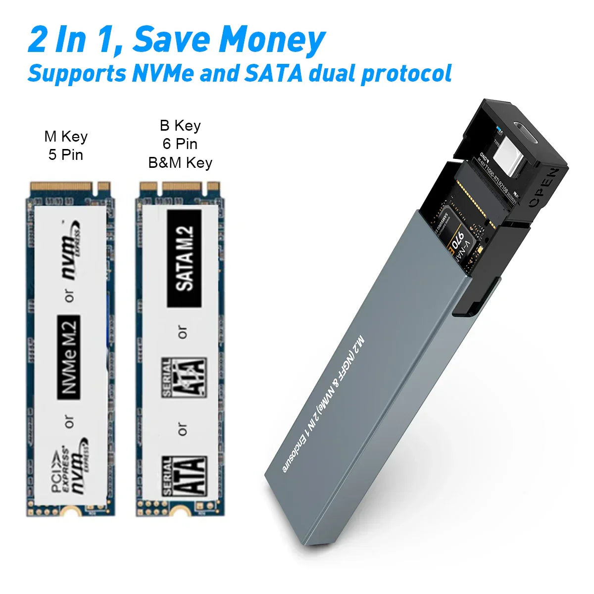 USB C NVMe And SATA SSD Enclosure For Portable Drive | Temsk
