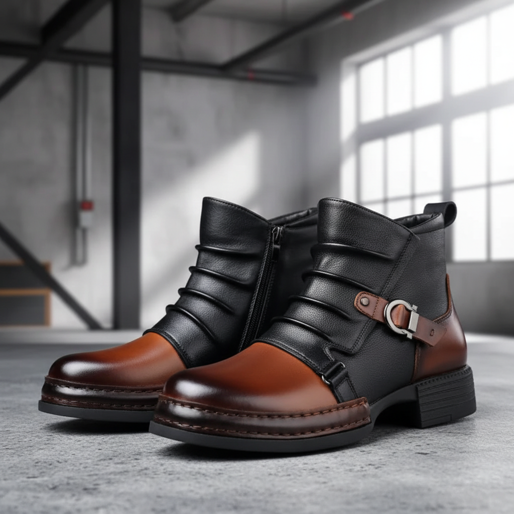 Men's Leather Ankle Boots With Buckle And Side Zip Casual Everyday Dress Shoes | Temsk
