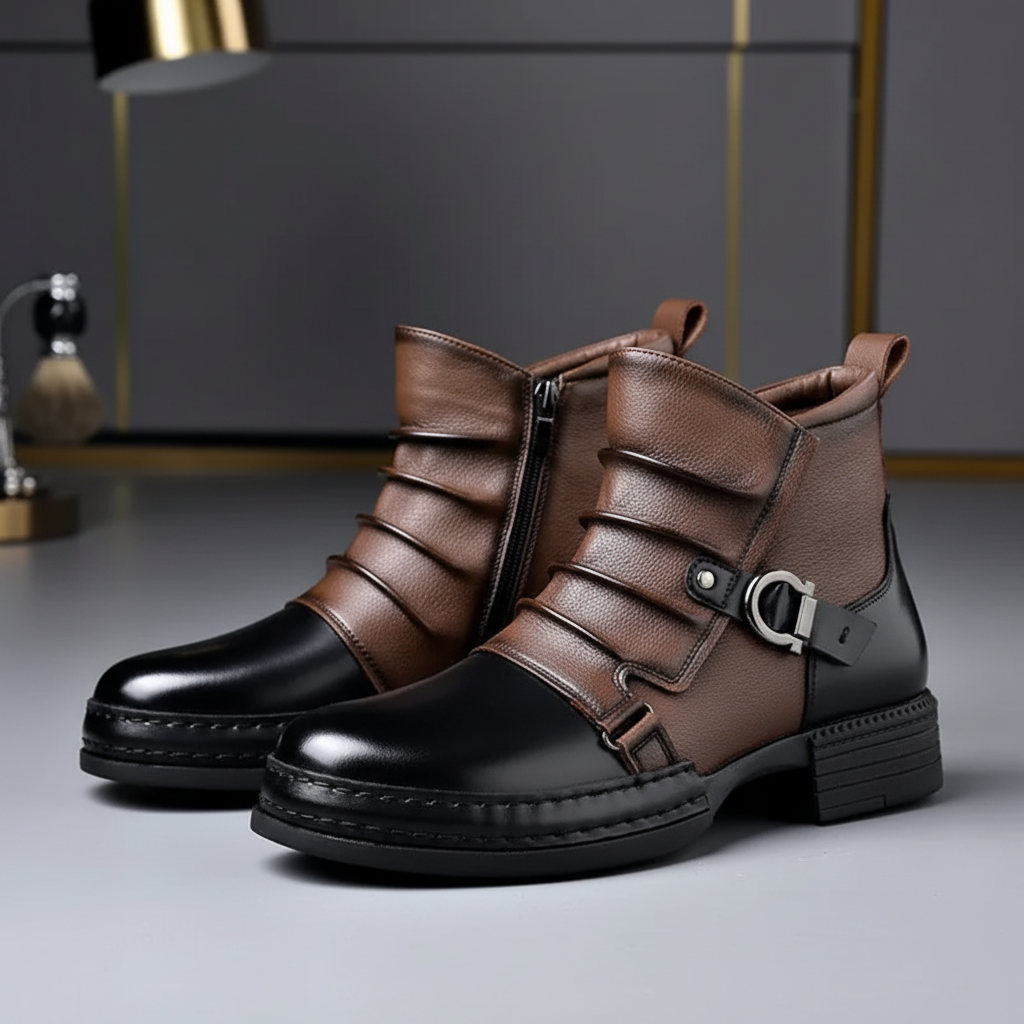 Men's Leather Ankle Boots With Buckle And Side Zip Casual Everyday Dress Shoes | Temsk