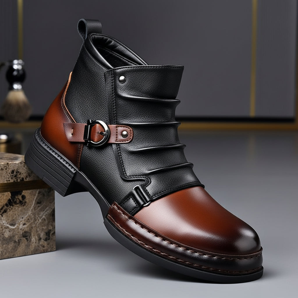 Men's Leather Ankle Boots With Buckle And Side Zip Casual Everyday Dress Shoes | Temsk