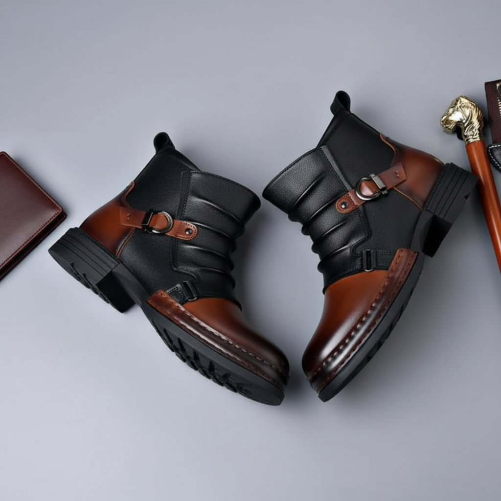 Men's Leather Ankle Boots With Buckle And Side Zip Casual Everyday Dress Shoes | Temsk