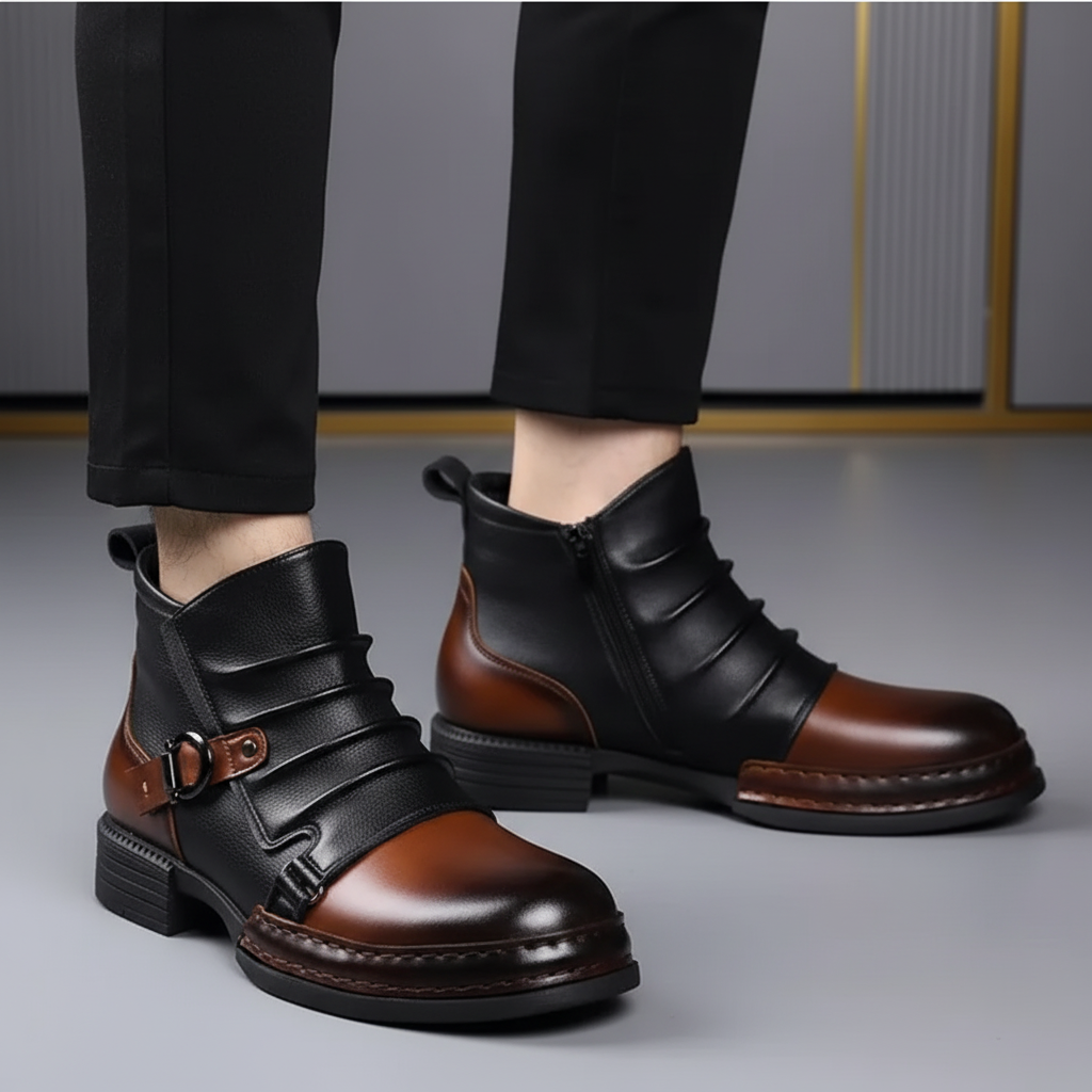 Men's Leather Ankle Boots With Buckle And Side Zip Casual Everyday Dress Shoes | Temsk