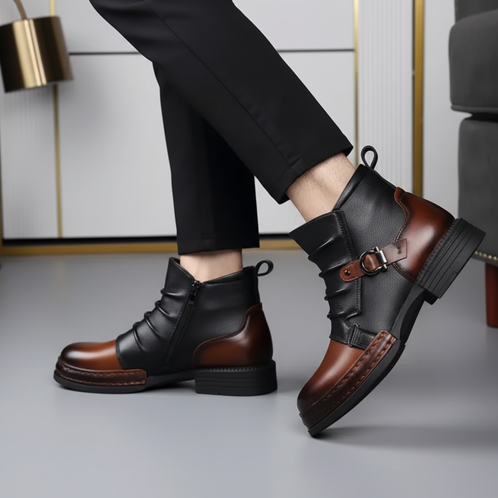 Men's Leather Ankle Boots With Buckle And Side Zip Casual Everyday Dress Shoes | Temsk