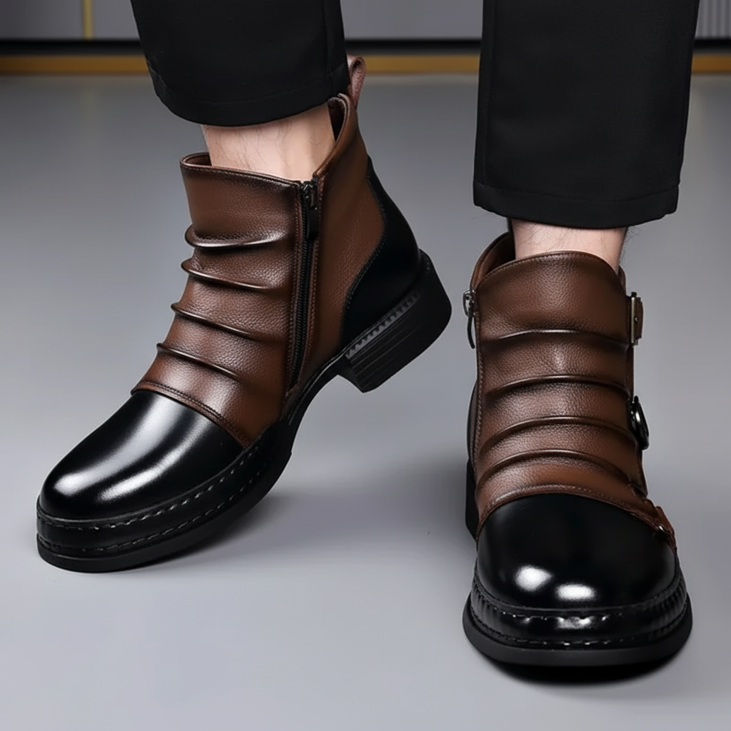 Men's Leather Ankle Boots With Buckle And Side Zip Casual Everyday Dress Shoes | Temsk