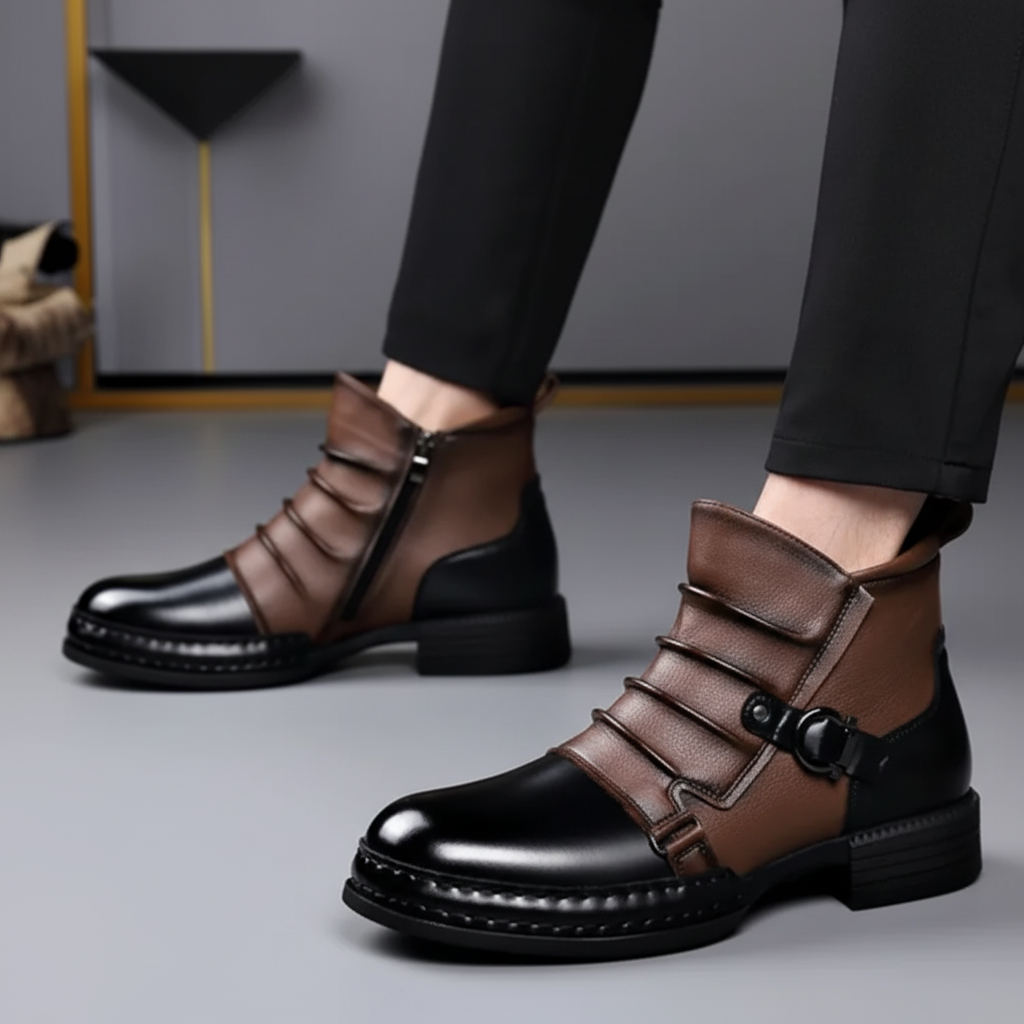Men's Leather Ankle Boots With Buckle And Side Zip Casual Everyday Dress Shoes | Temsk