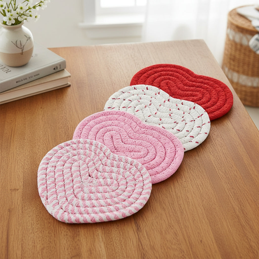 Heart Shaped Coasters For Tables, Woven Polyester Heat Resistant Mats | Temsk