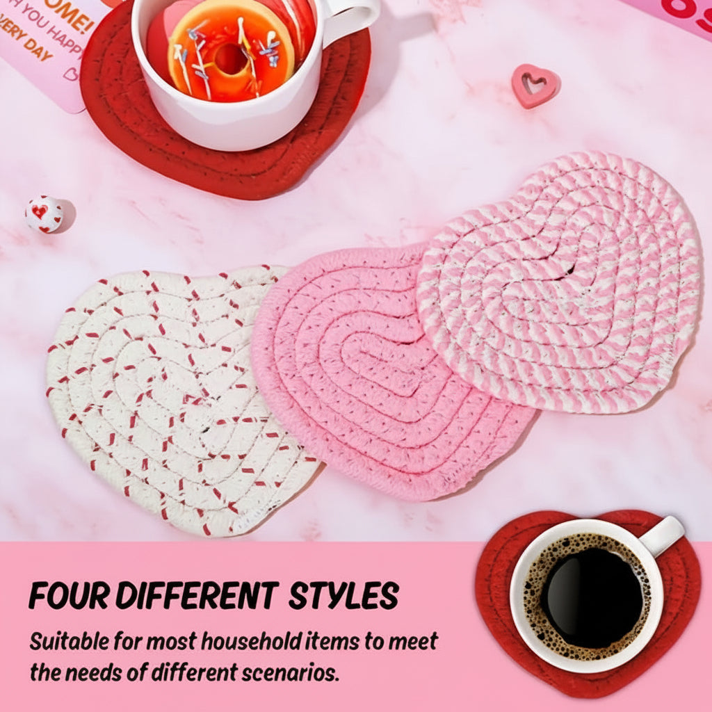 Heart Shaped Coasters For Tables, Woven Polyester Heat Resistant Mats | Temsk