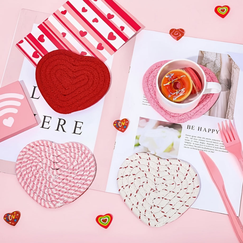 Heart Shaped Coasters For Tables, Woven Polyester Heat Resistant Mats | Temsk
