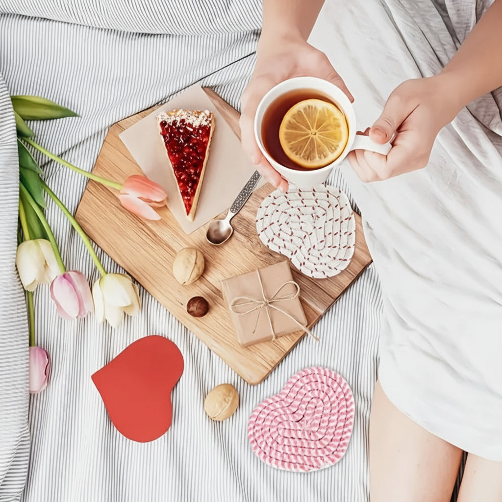 Heart Shaped Coasters For Tables, Woven Polyester Heat Resistant Mats | Temsk