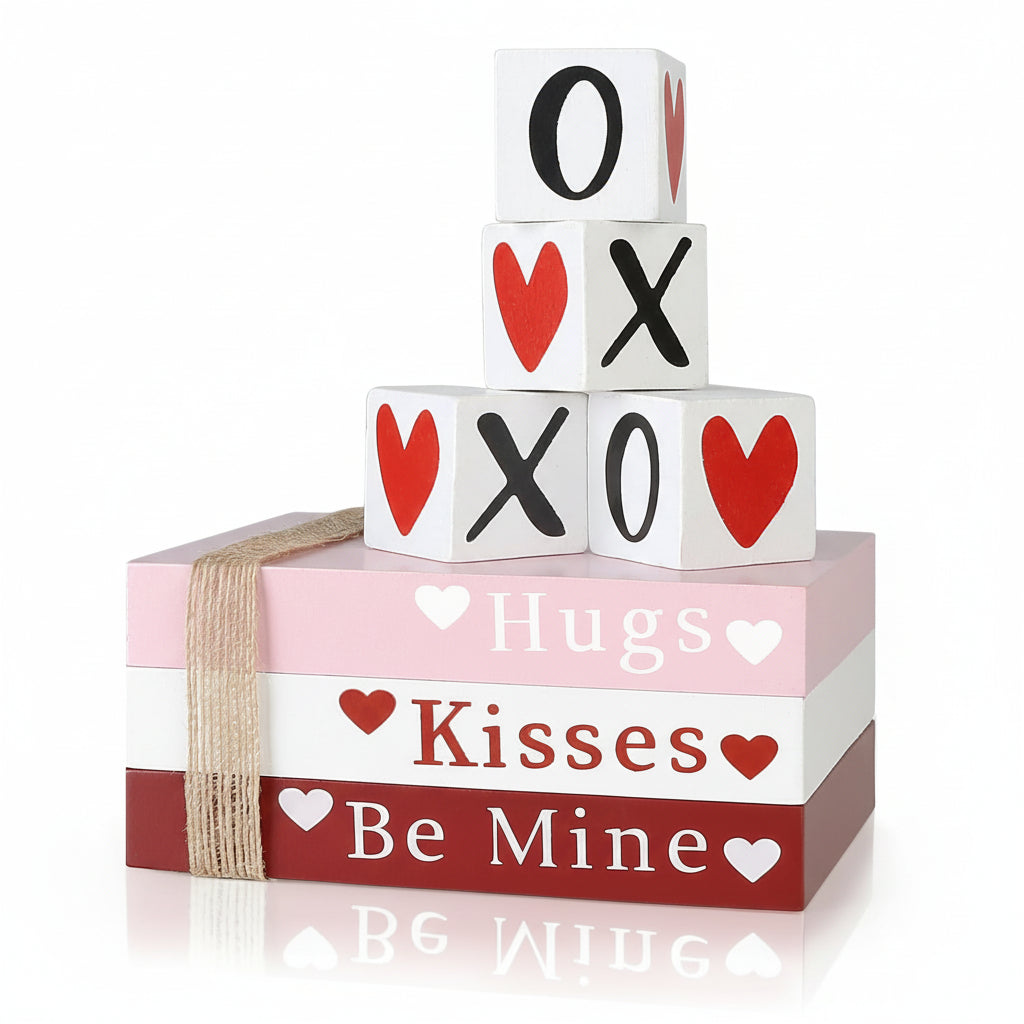 Valentinstag Holz Tischdekor Set mit Bücherstapel und Herz-Regalzeichen | Temsk