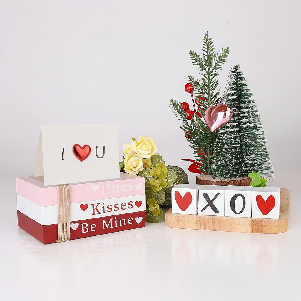 Valentinstag Holz Tischdekor Set mit Bücherstapel und Herz-Regalzeichen | Temsk