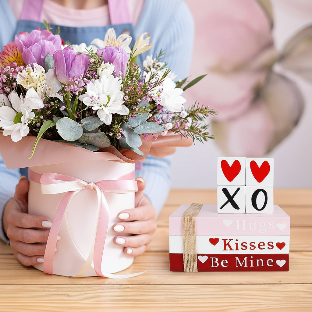 Valentinstag Holz Tischdekor Set mit Bücherstapel und Herz-Regalzeichen | Temsk
