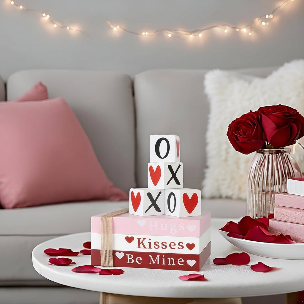 Valentinstag Holz Tischdekor Set mit Bücherstapel und Herz-Regalzeichen | Temsk