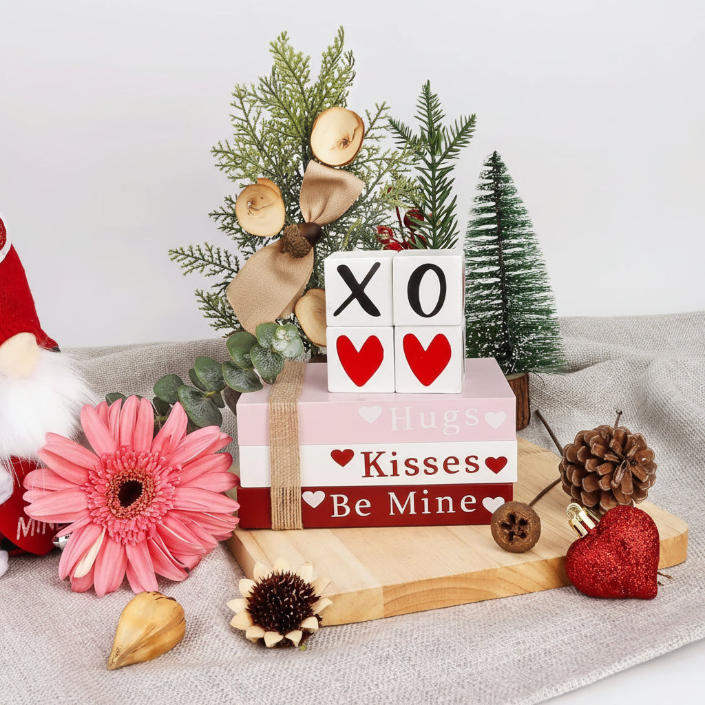 Valentinstag Holz Tischdekor Set mit Bücherstapel und Herz-Regalzeichen | Temsk
