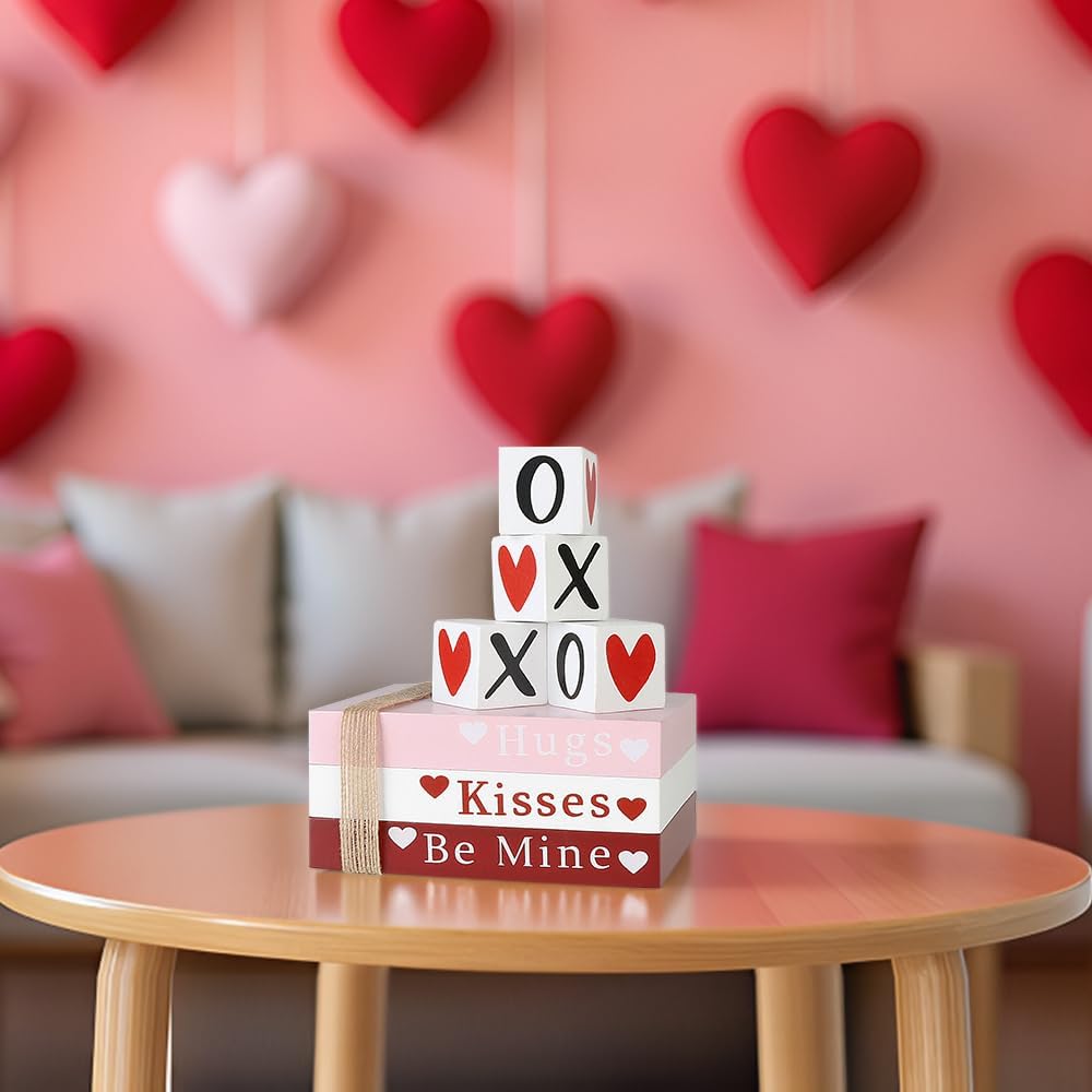 Valentinstag Holz Tischdekor Set mit Bücherstapel und Herz-Regalzeichen | Temsk