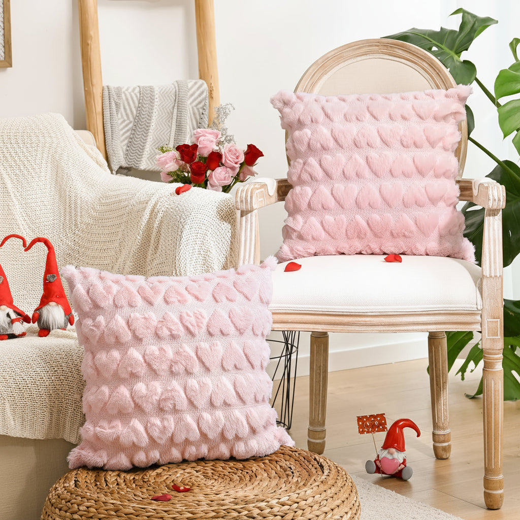 Pink Heart Print Pillow Covers Polyester Valentine Themed Throw Covers | Temsk