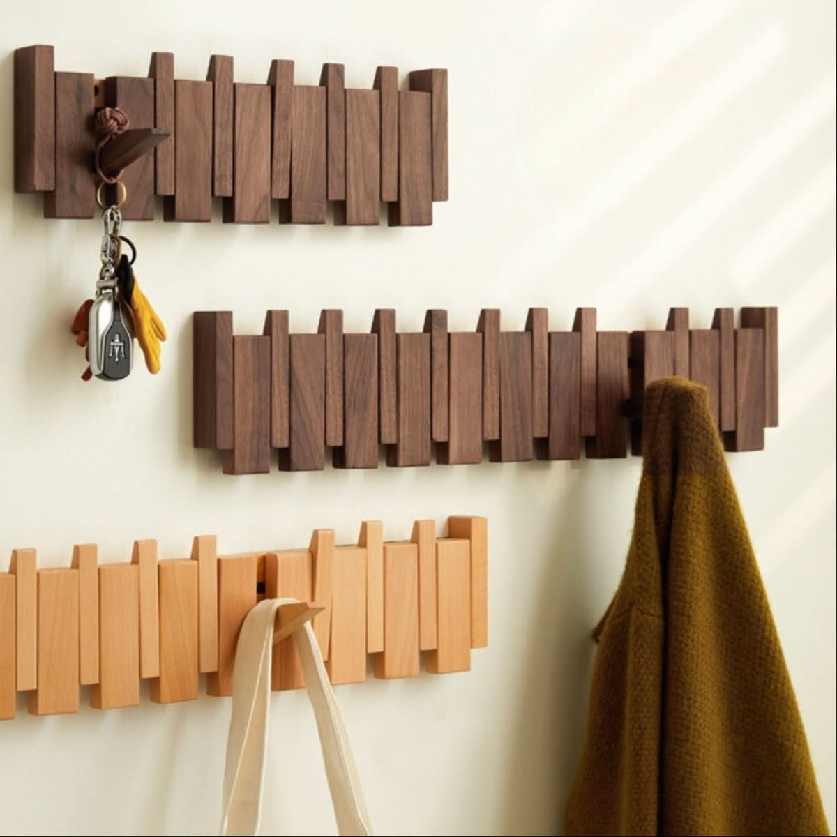 MelodyWood Piano Style Wall Rack With Folding Hooks Handmade Wooden Coat Rack | Temsk