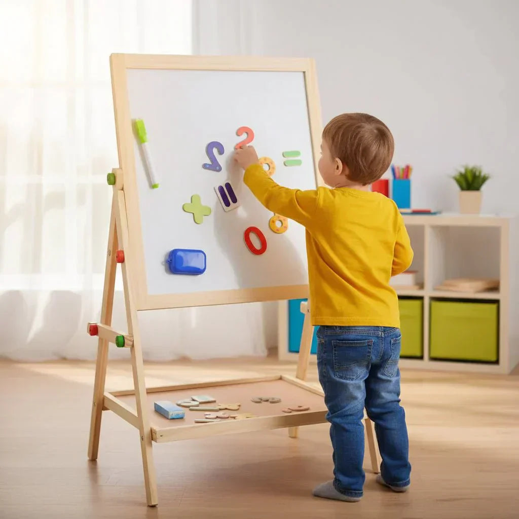 CreativeEase Magnetic Whiteboard And Chalkboard For Kids With Adjustable Wood Frame | Temsk