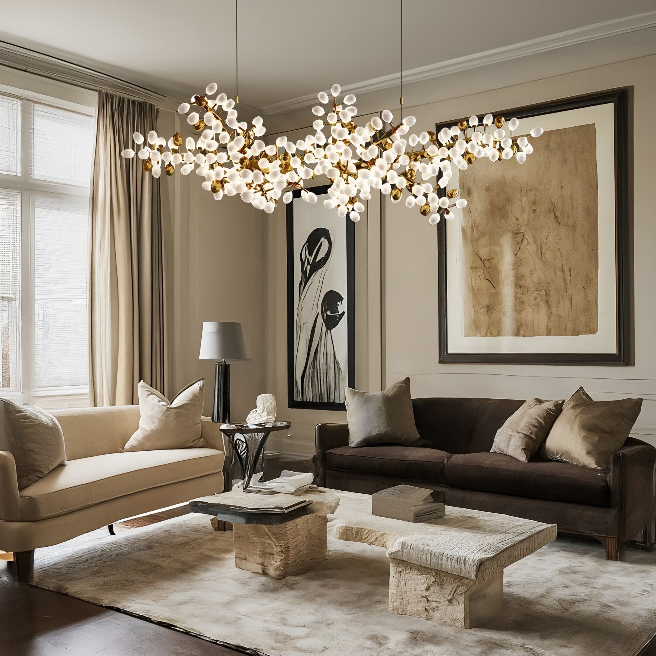 Sylvara Vine Chandelier in French Gold and Raw Copper with White Glass Clusters | Temsk