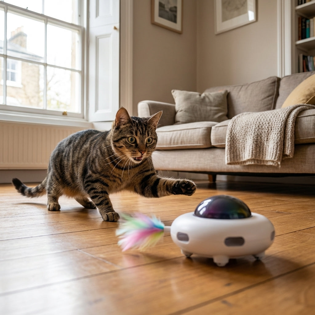 Interactive Robot Cat Toy With Feather Attachment And LED Light Paw Activated | Temsk