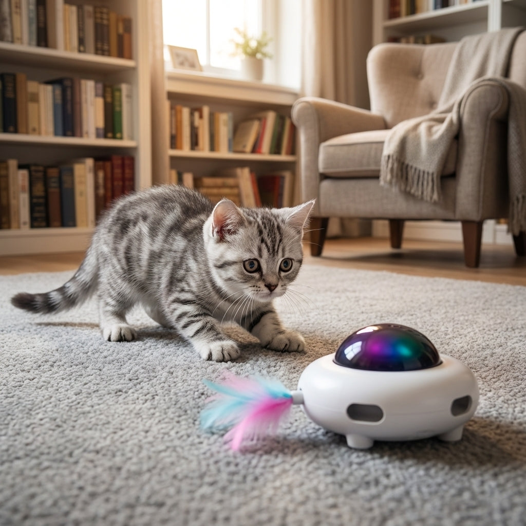 Interactive Robot Cat Toy With Feather Attachment And LED Light Paw Activated | Temsk