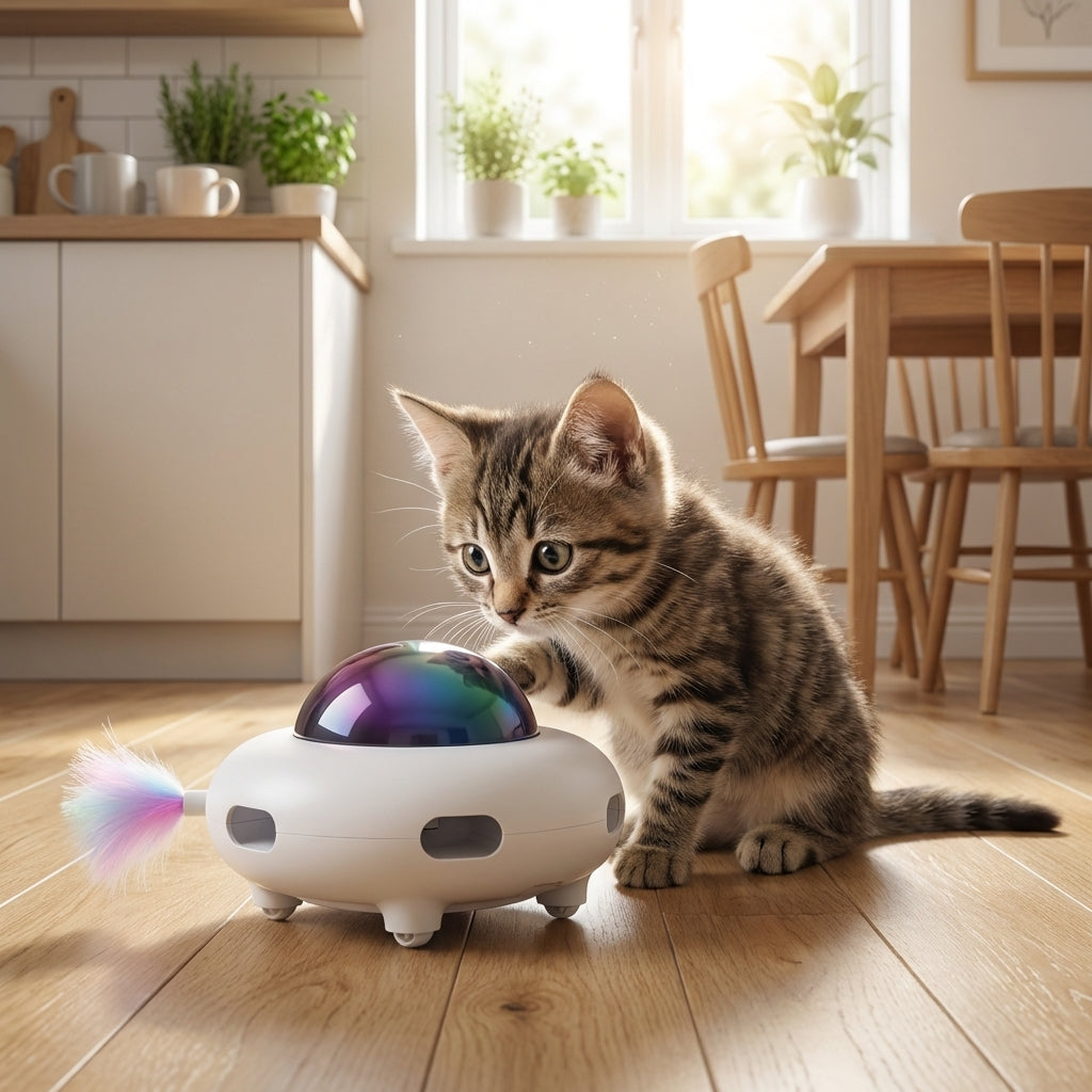 Interactive Robot Cat Toy With Feather Attachment And LED Light Paw Activated | Temsk