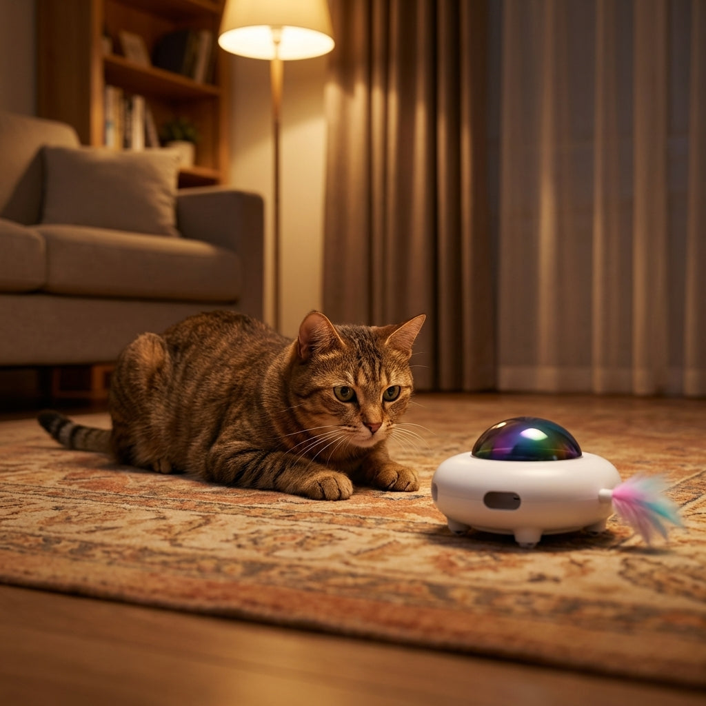 Interactive Robot Cat Toy With Feather Attachment And LED Light Paw Activated | Temsk