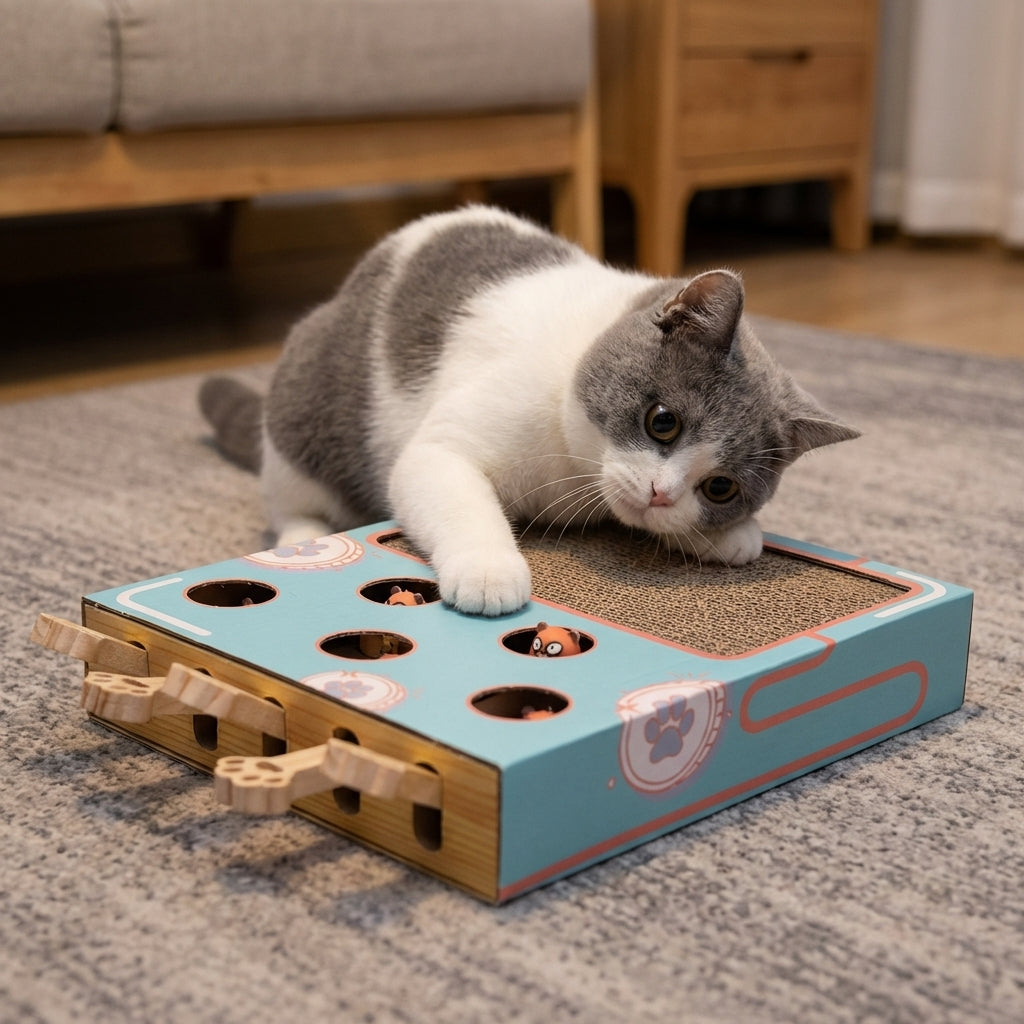 Interactive Whack-a-Mole Cat Toy Box With Corrugated Scratchpad Cardboard | Temsk