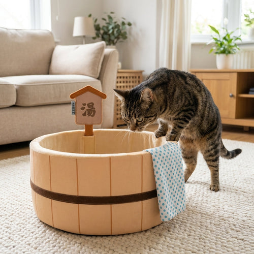 Brown Japanese Style Hot Spring Tub Cat Bed With Cotton Exterior And Corrugated Interior Temsk