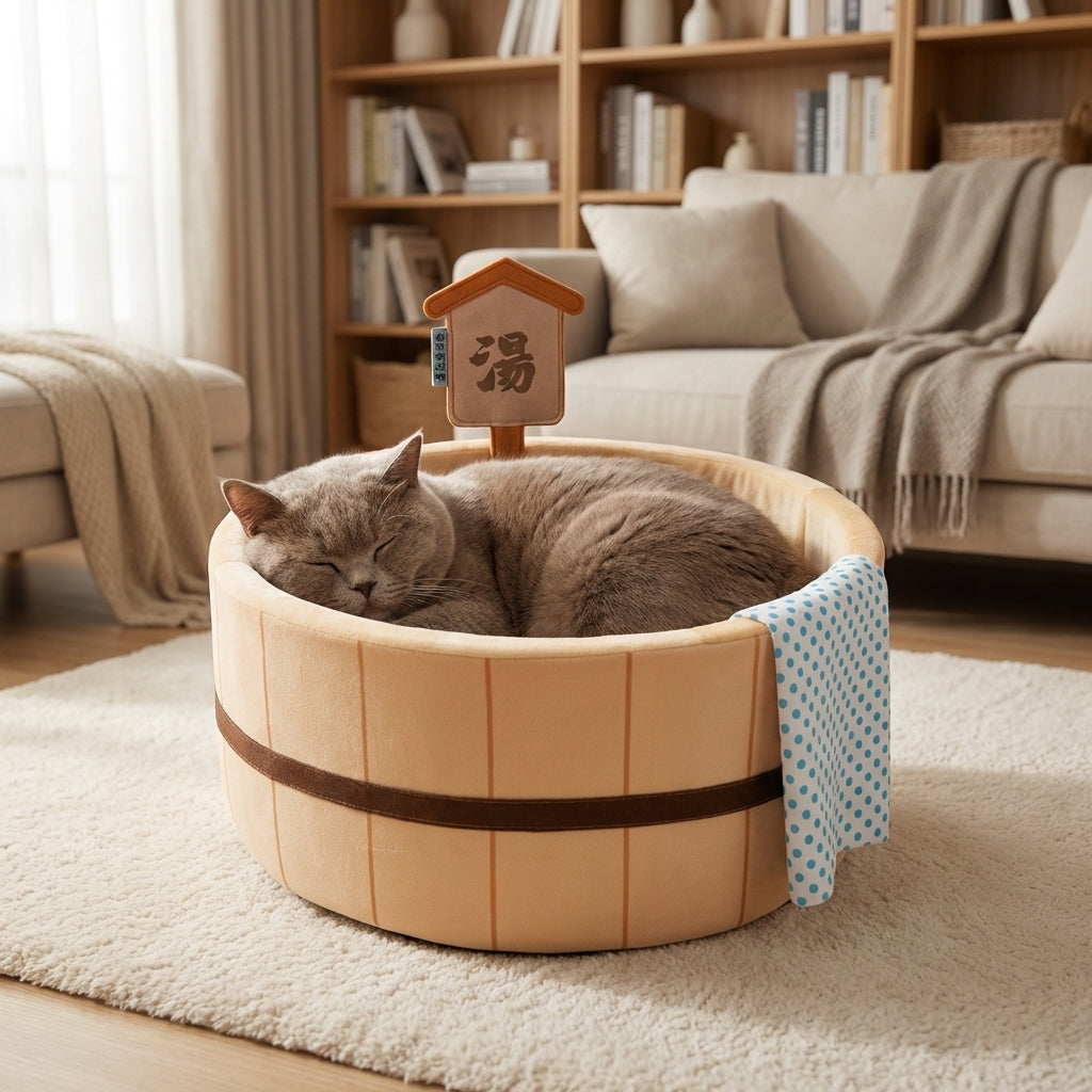 Brown Japanese-Style Hot Spring Tub Cat Bed With Cotton and Corrugated | Temsk