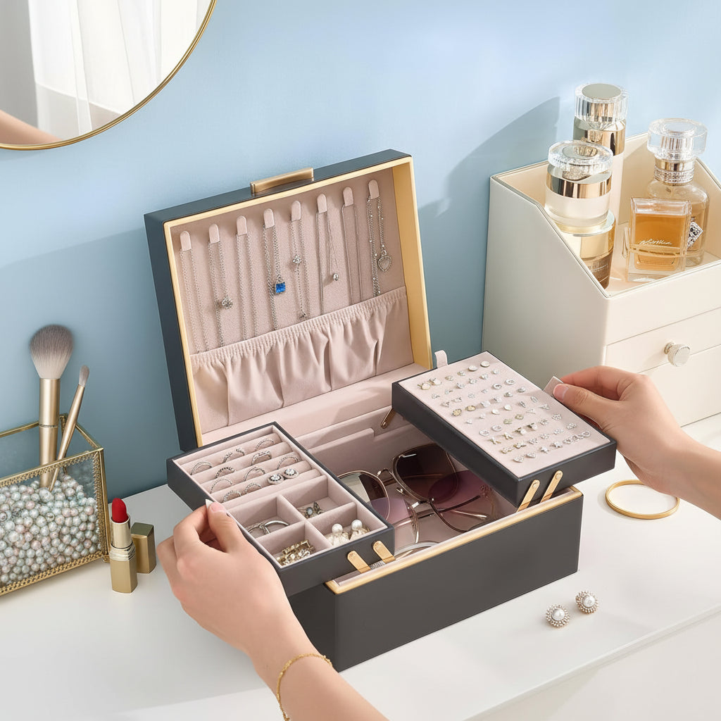 Mother's Day Jewelry Storage Box Organizer With Two Tier Tray | Temsk