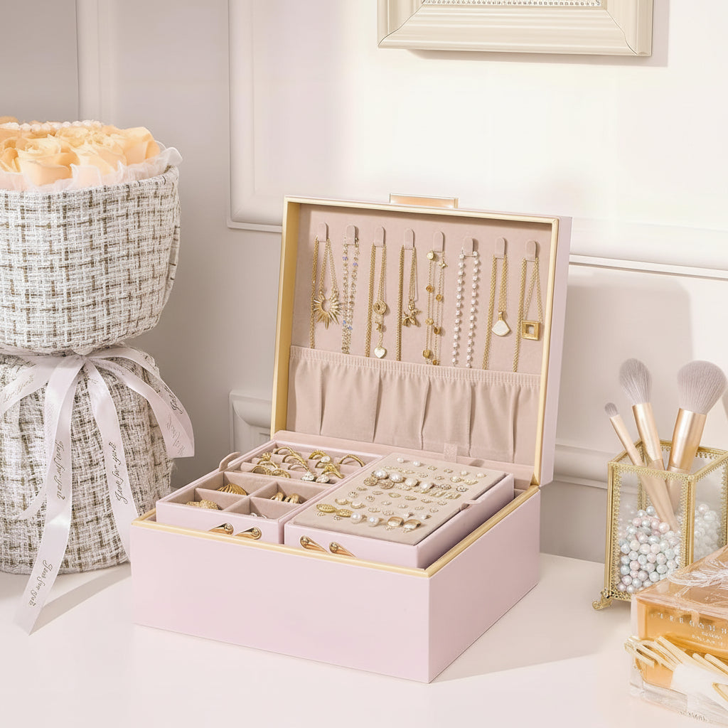 Mother's Day Jewelry Storage Box Organizer With Two Tier Tray | Temsk