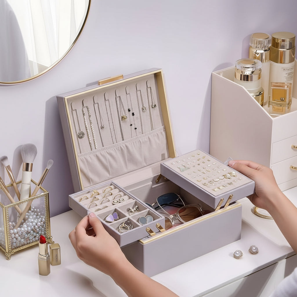 Mother's Day Jewelry Storage Box Organizer With Two Tier Tray | Temsk