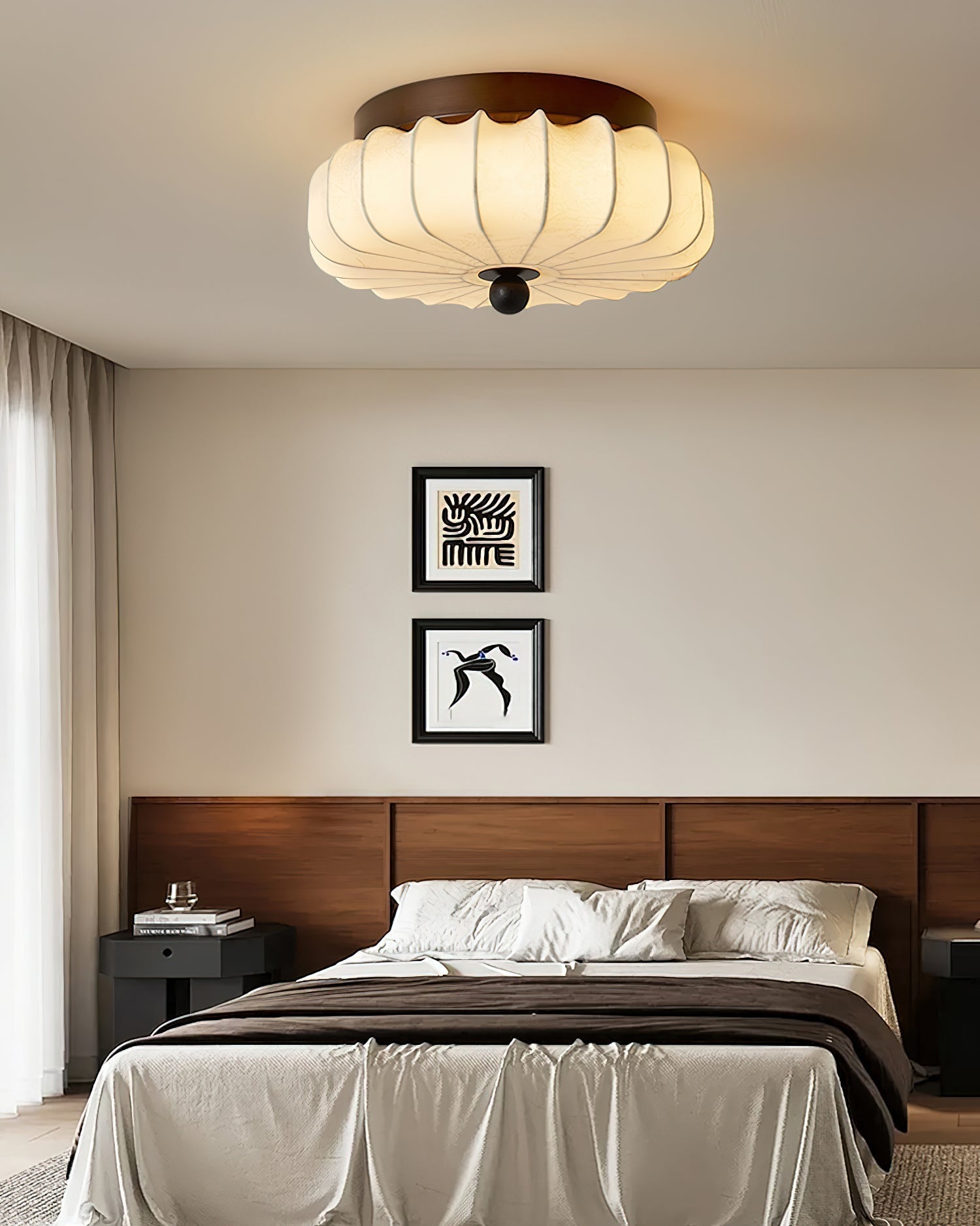 Walnut Frame Ceiling Light With Fabric Shade Vintage Style Integrated LED | Temsk