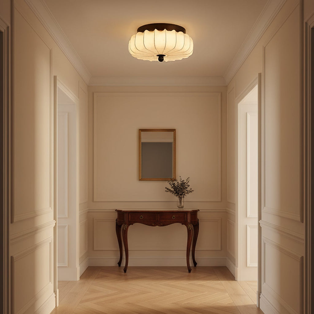 Walnut Frame Ceiling Light With Fabric Shade Vintage Style Integrated LED | Temsk