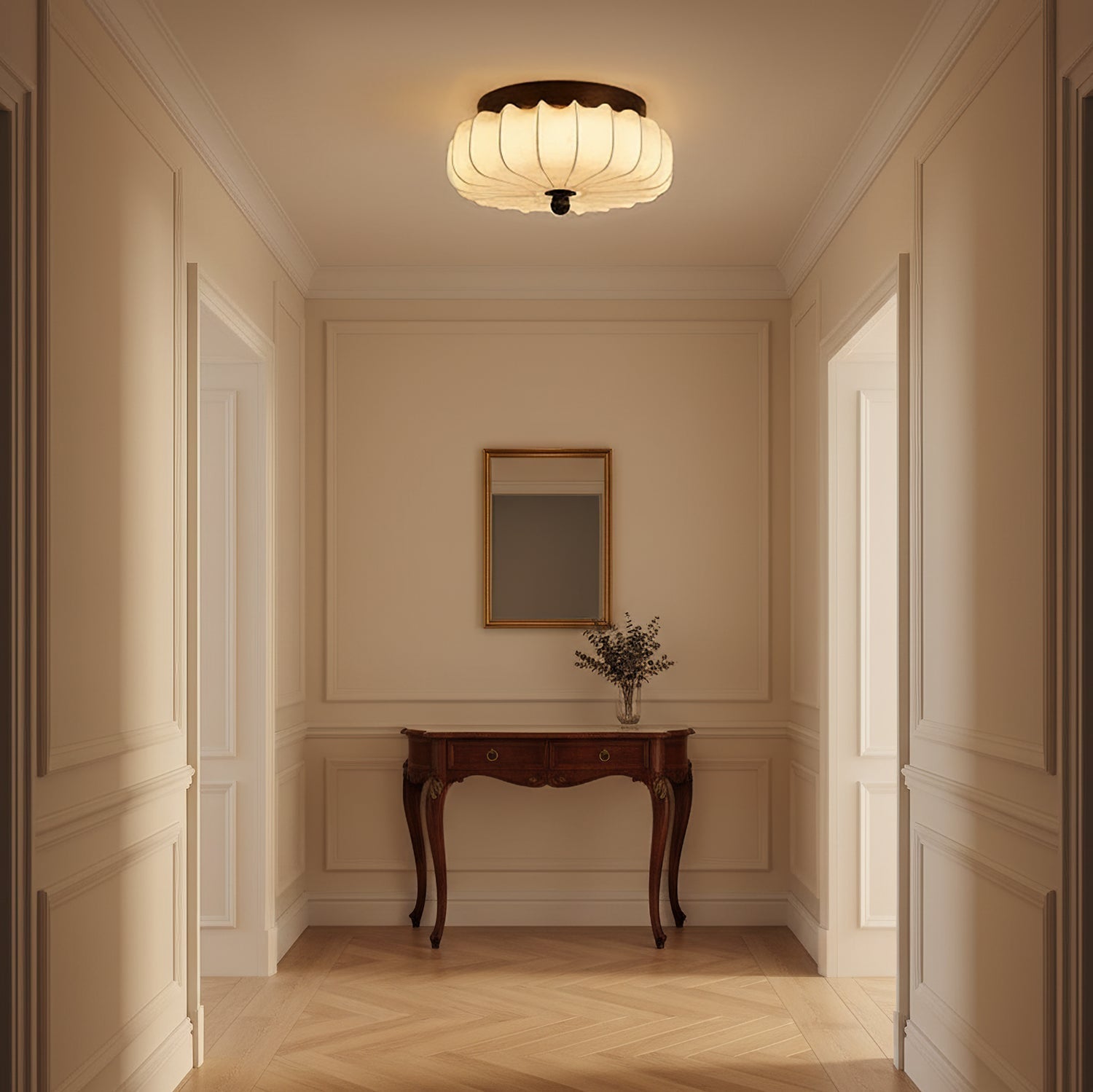 Walnut Frame Ceiling Light With Fabric Shade Vintage Style Integrated LED | Temsk