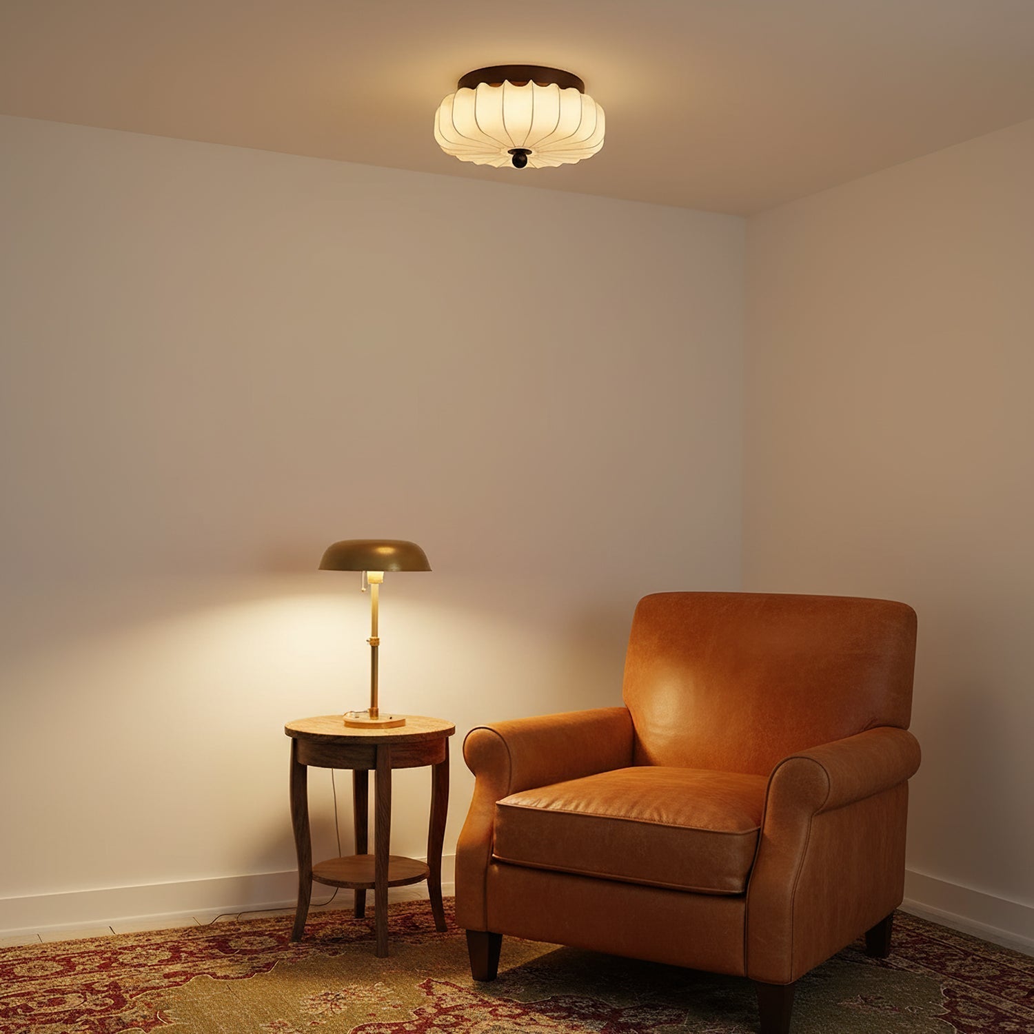 Walnut Frame Ceiling Light With Fabric Shade Vintage Style Integrated LED | Temsk