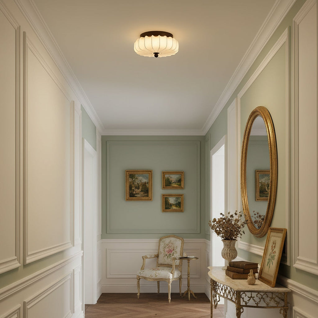 Walnut Frame Ceiling Light With Fabric Shade Vintage Style Integrated LED | Temsk