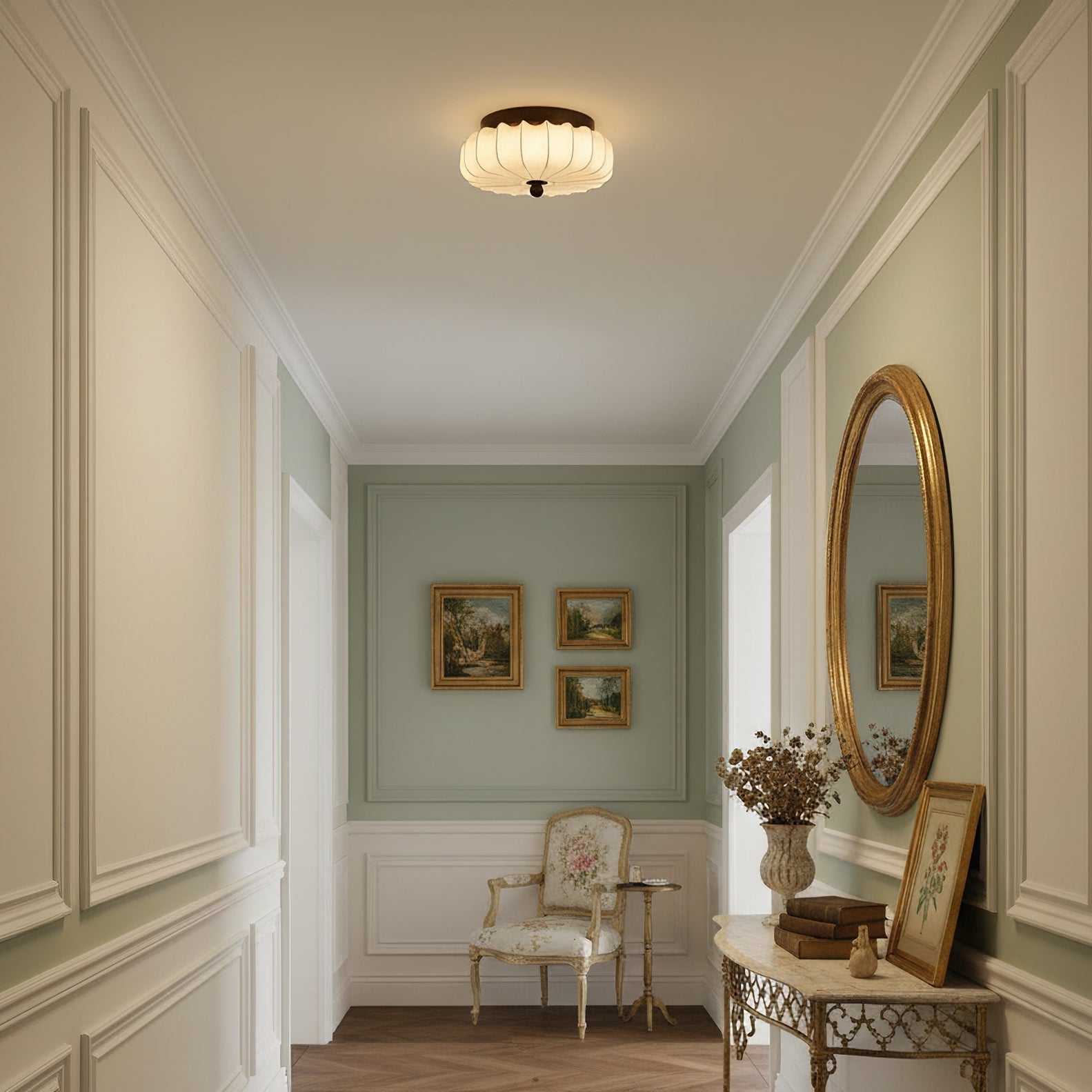 Walnut Frame Ceiling Light With Fabric Shade Vintage Style Integrated LED | Temsk