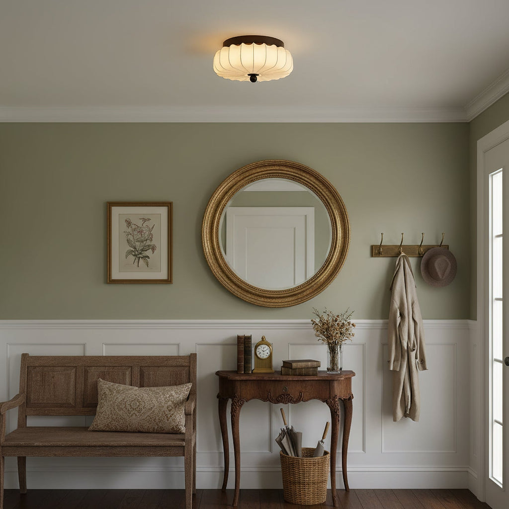 Walnut Frame Ceiling Light With Fabric Shade Vintage Style Integrated LED | Temsk