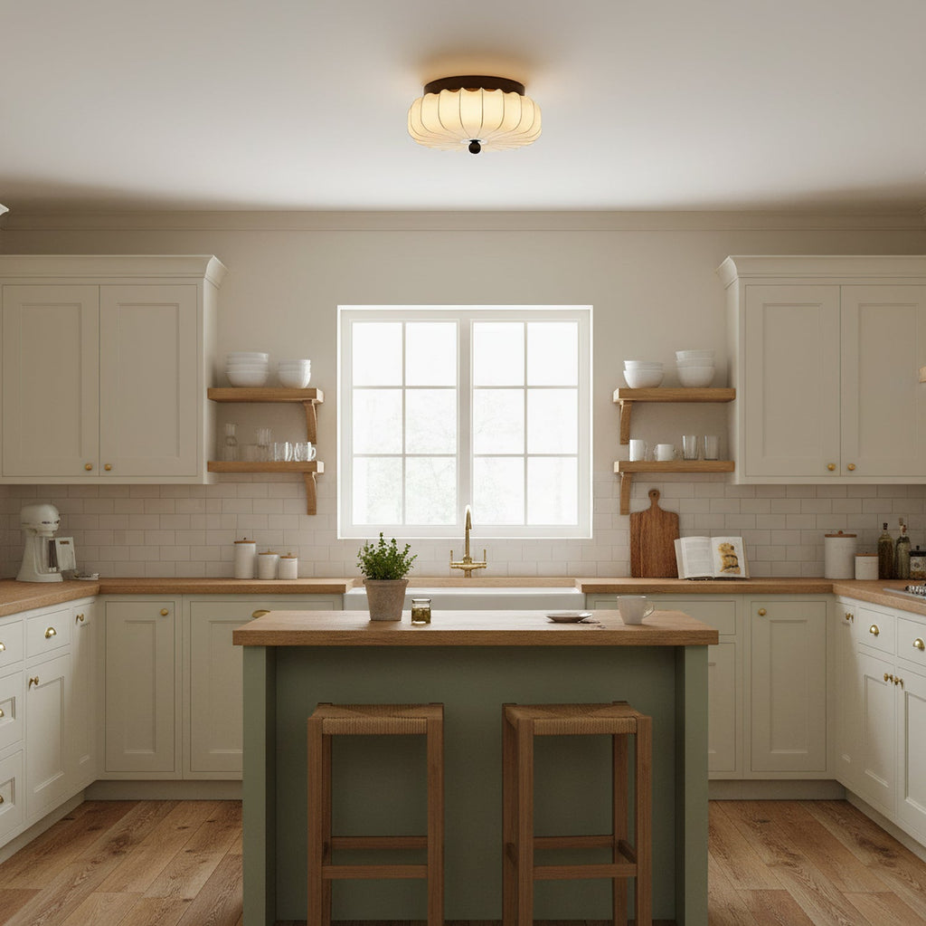Walnut Frame Ceiling Light With Fabric Shade Vintage Style Integrated LED | Temsk