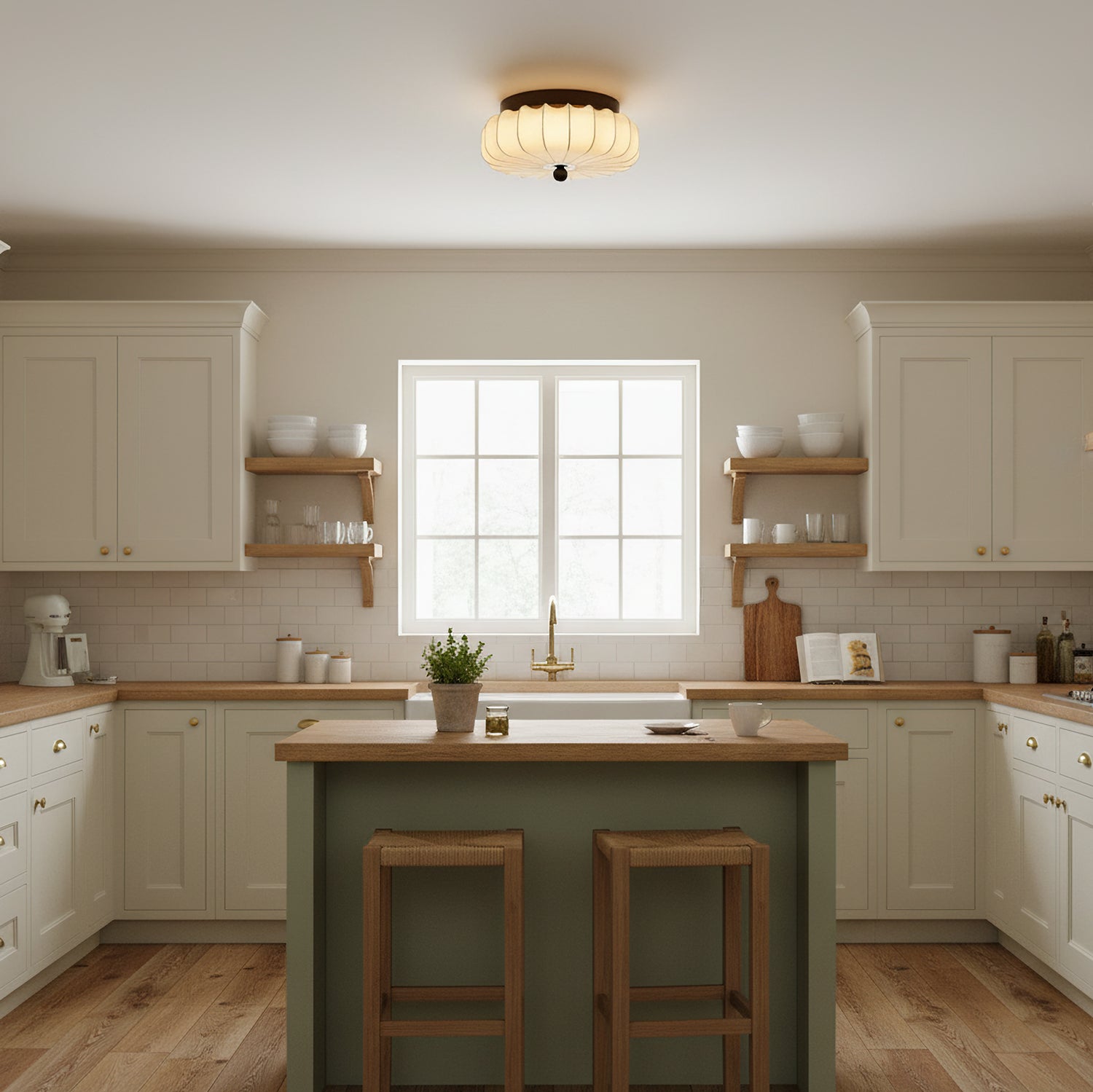 Walnut Frame Ceiling Light With Fabric Shade Vintage Style Integrated LED | Temsk