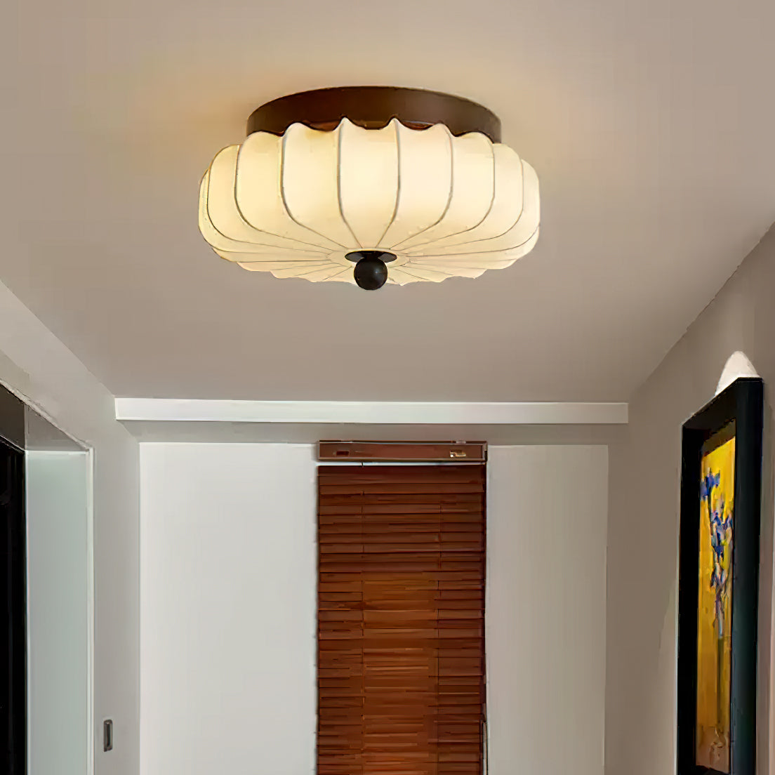 Walnut Frame Ceiling Light With Fabric Shade Vintage Style Integrated LED | Temsk