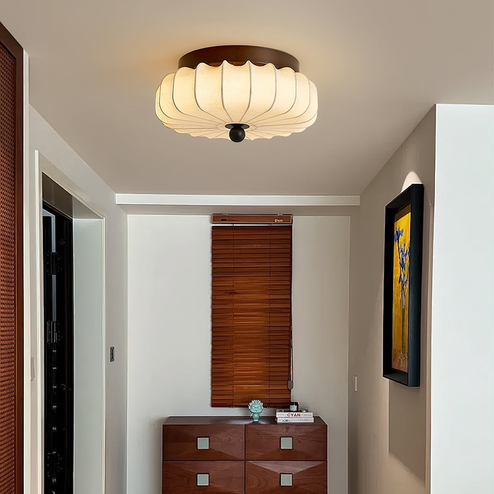 Walnut Frame Ceiling Light With Fabric Shade Vintage Style Integrated LED | Temsk