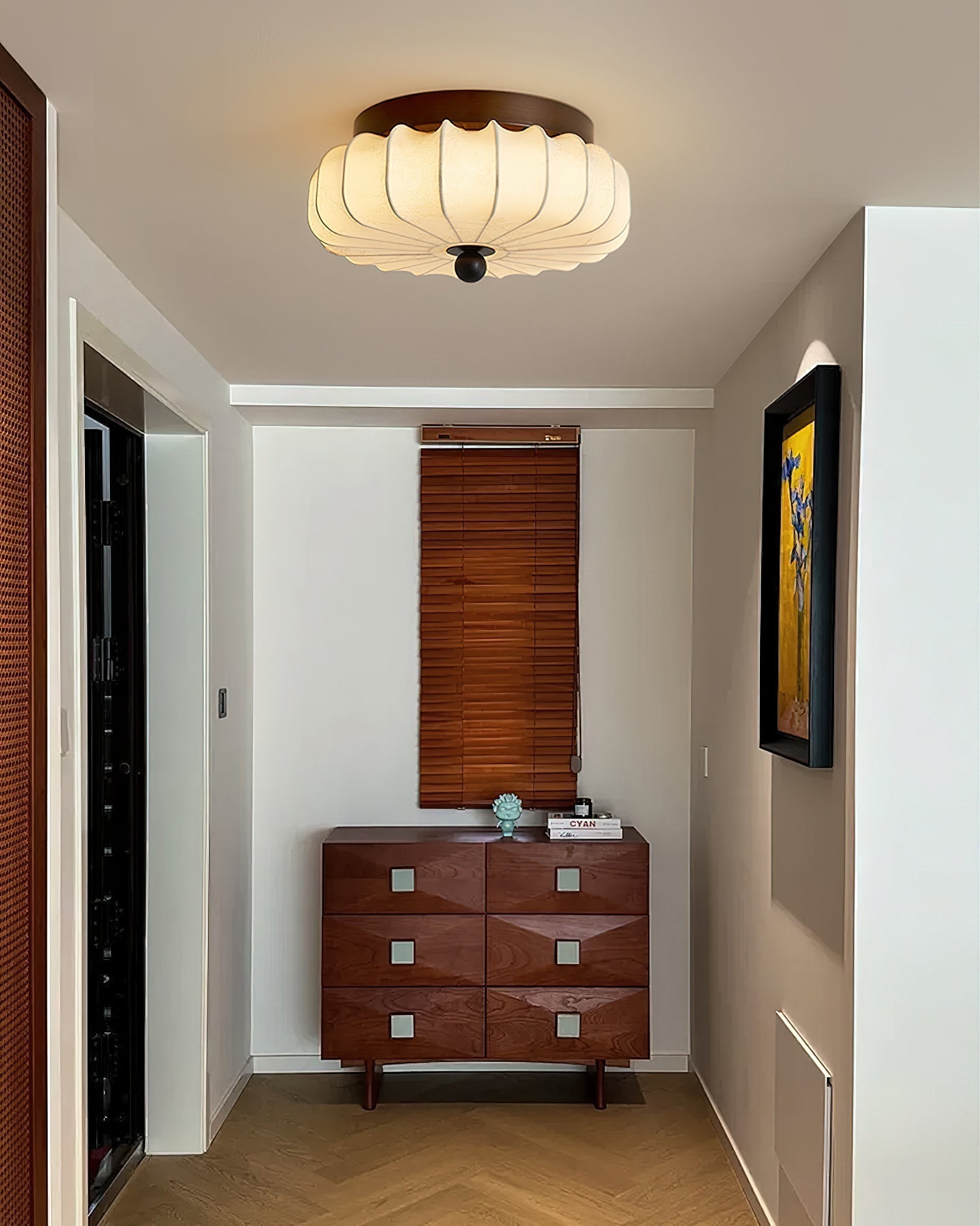Walnut Frame Ceiling Light With Fabric Shade Vintage Style Integrated LED | Temsk