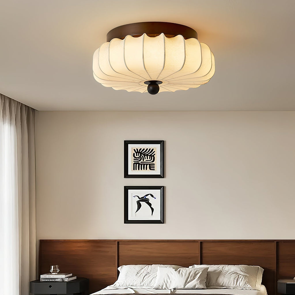 Walnut Frame Ceiling Light With Fabric Shade Vintage Style Integrated LED | Temsk