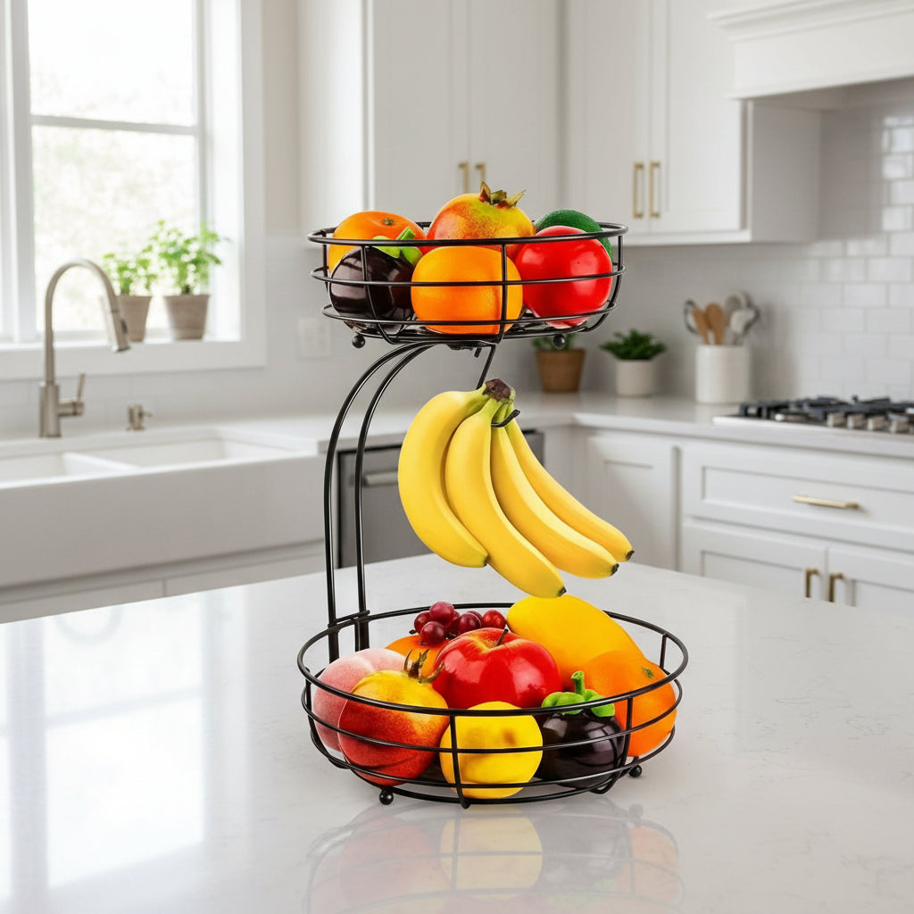 NovaLeaf Two-Tier Fruit Basket With Banana Holder For Stylish Kitchen Organization | Temsk